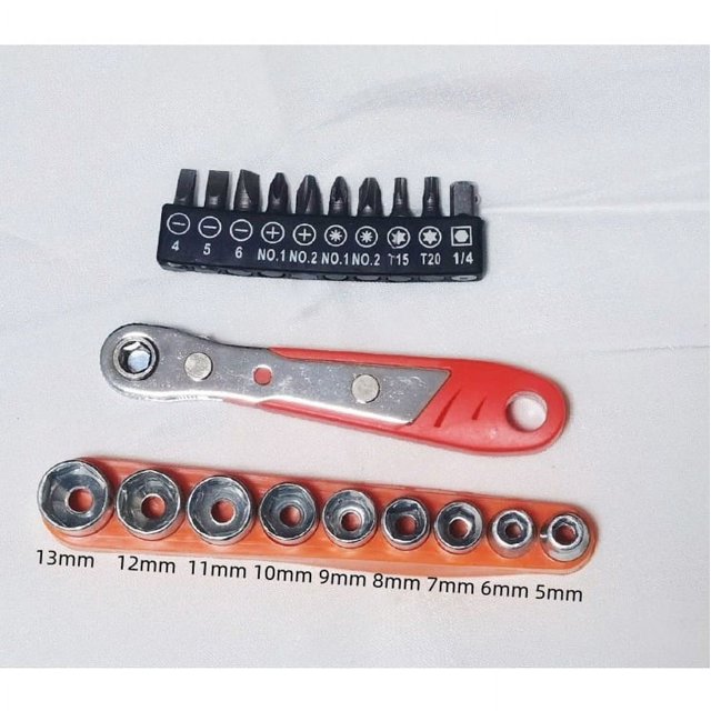 Llave de trinquete + 10 cabezales de lote + 9 vasos