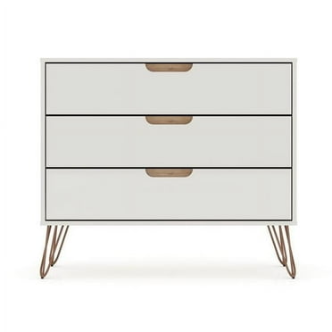 Rockefeller Mid-Century-Modern Dresser with 3- Drawers in Off White & Nature, 28.86 x 35.24 x 17.52 in.