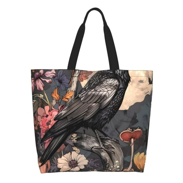 Fotbe Moonlit Crow Blossoms Bolsa Tote Estética de Lona con Estampado para Mujer - Bolsa Reutilizable de Hombro Casual para Vacaciones, Compras, Trabajo y Gimnasio