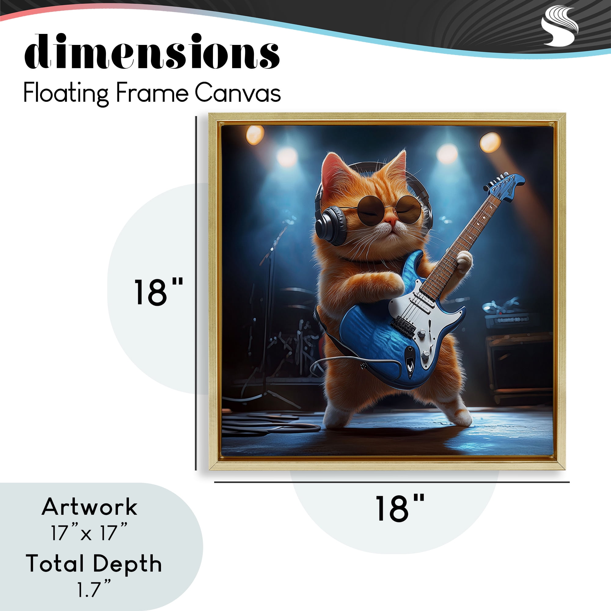 Cat Guitarist in Band Gold Framed Floater Canvas Wall Art, design by Jim Baldwin