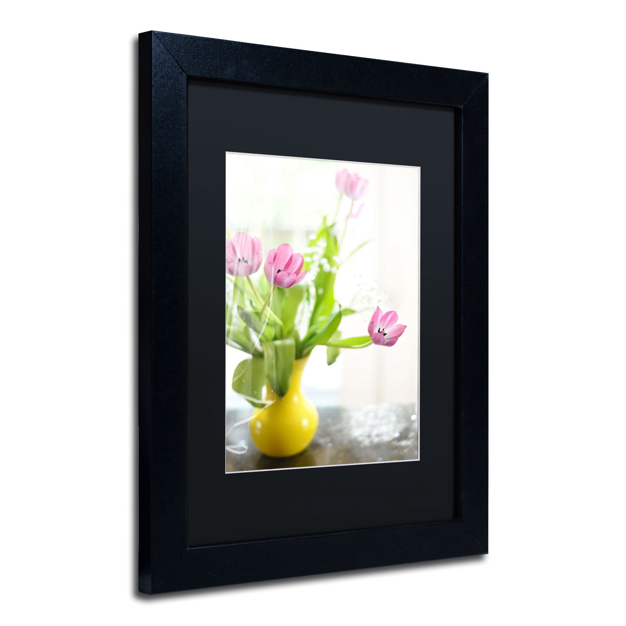 Trademark Fine Art "Pink Tulips in Yellow Vase" Canvas Art by Lois Bryan, Black Mat, Black Frame