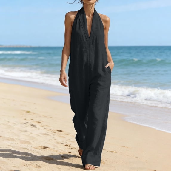 MLCDZ Womens Linen Jumpsuit Deep V-Neck Sleeveless Elegant Cozy Loose Wide Leg Pants with Pockets Casual Beach Vacation Rompers