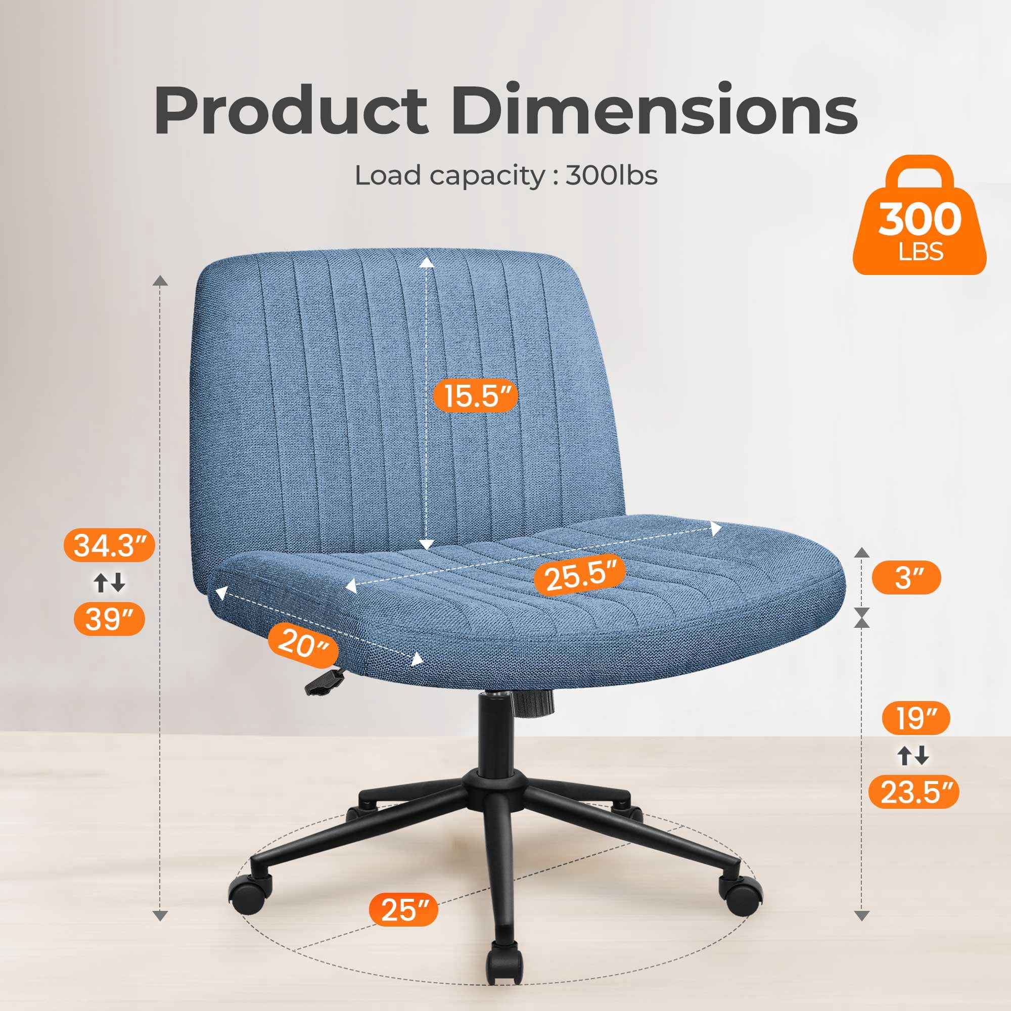 NEO CHAIR Criss Cross Chair with Wheels Armless Cross Legged Office Desk Wide Comfy Vanity Makeup Chair Adjustable Swivel Rolling Computer for Home Office Fabric (Blue Dual Base)