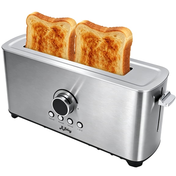 2-Slice Toaster, Long Slot Stainless Steel with Reheat, Defrost, Cancel, 30S, Removable Crumb Tray