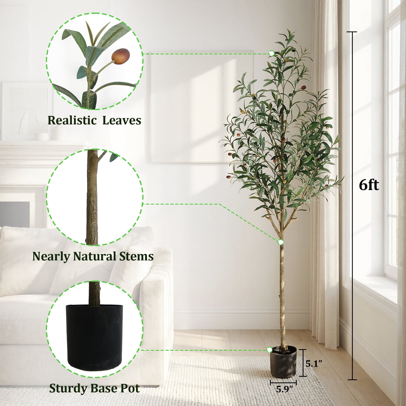 BEAUTYPEAK 6.1FT Artificial Plant Fake Indoor Olive Tree Decorative Outdoor Greenery in Black Pot