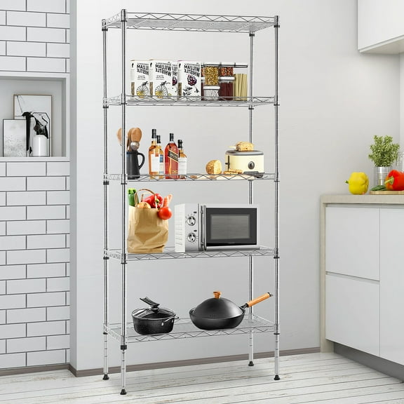 WYGMAV Kitchen Adjustable 5-Tiers Metal Storage Shelf Unit, Holds up to 150 lb Maximum Load Weight Capacity, Chrome