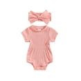 thumbnail image 2 of Musuos Baby Girls Summer Ribbed Jumpsuit 3M 6M 9M 12M 18M Short Sleeve Solid Color Romper with Bow Headband Casual Outfits, 2 of 10