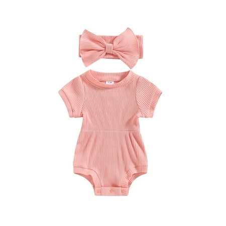 

KelaJuan Baby Girls Jumpsuit Set Summer Solid Color Ribbed Short Sleeve Romper with Bow Headband