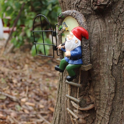 Colourtree Elf Out The Door Tree Hugger with Ladder, Funny Musical Gnome Garden Sculpture, Whimsical Fairy Tree Face/Stump Decor, Resin Outdoor Statue, Luminous Elf Peeker Yard Art