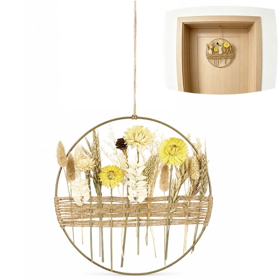 Dried Flower Wreath, 9.8 in Bohemian Style Hanging Wreath with Golden Metal Ring, Natural Dried Grasses and Floral Arrangement, Ornament Decoration for Front Door, Wall, Window and Indoor Home Space