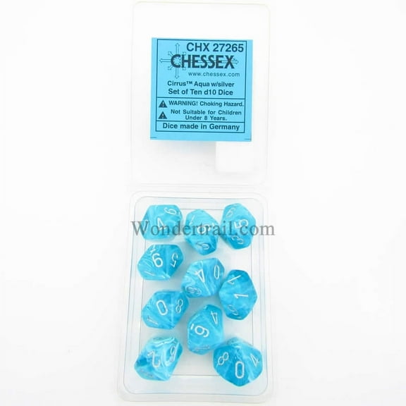 Aqua Cirrus Dice with Silver Numbers D10 16mm (5/8in) Pack of 10 Dice Chessex