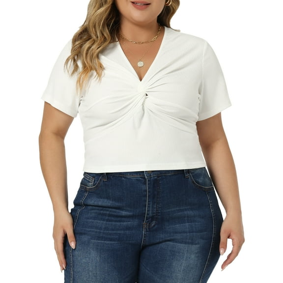 Women's Plus Size Twist Front V Neck Ribbed Short Sleeve Casual Solid Blouses White 1X