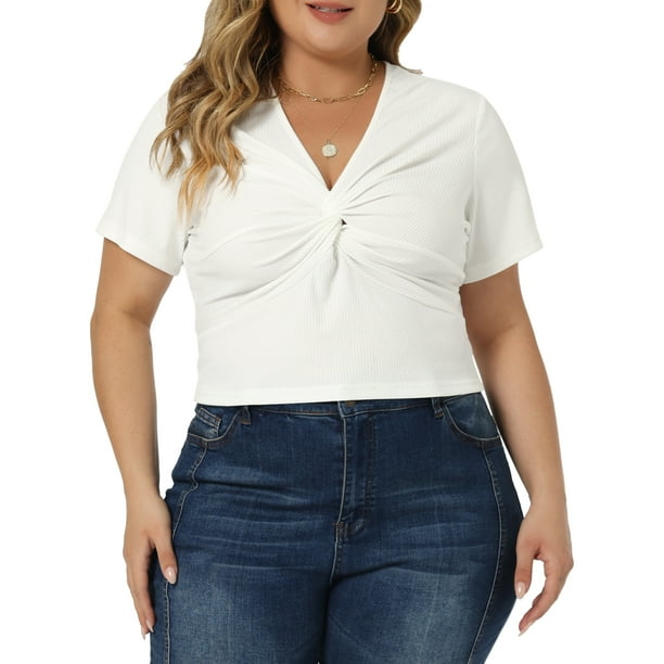 Agnes Orinda Blusas Casual de Mujer Talla Grande con Frente Torcido en V y Mangas Cortas 3X Blanca