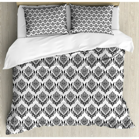 White Damask Duvet Cover Set Queen Size, Royalty Resembling King and Queen Ornament Like Curls and Leafy Blossoms, Decorative 3 Piece Bedding Set with 2 Pillow Shams, Charcoal Grey, by Ambesonne