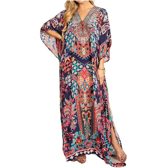 Sakkas Georgettina 2025 Flowy Rhinestone V Neck Long Caftan Dress / Cover Up - 605 - One Size