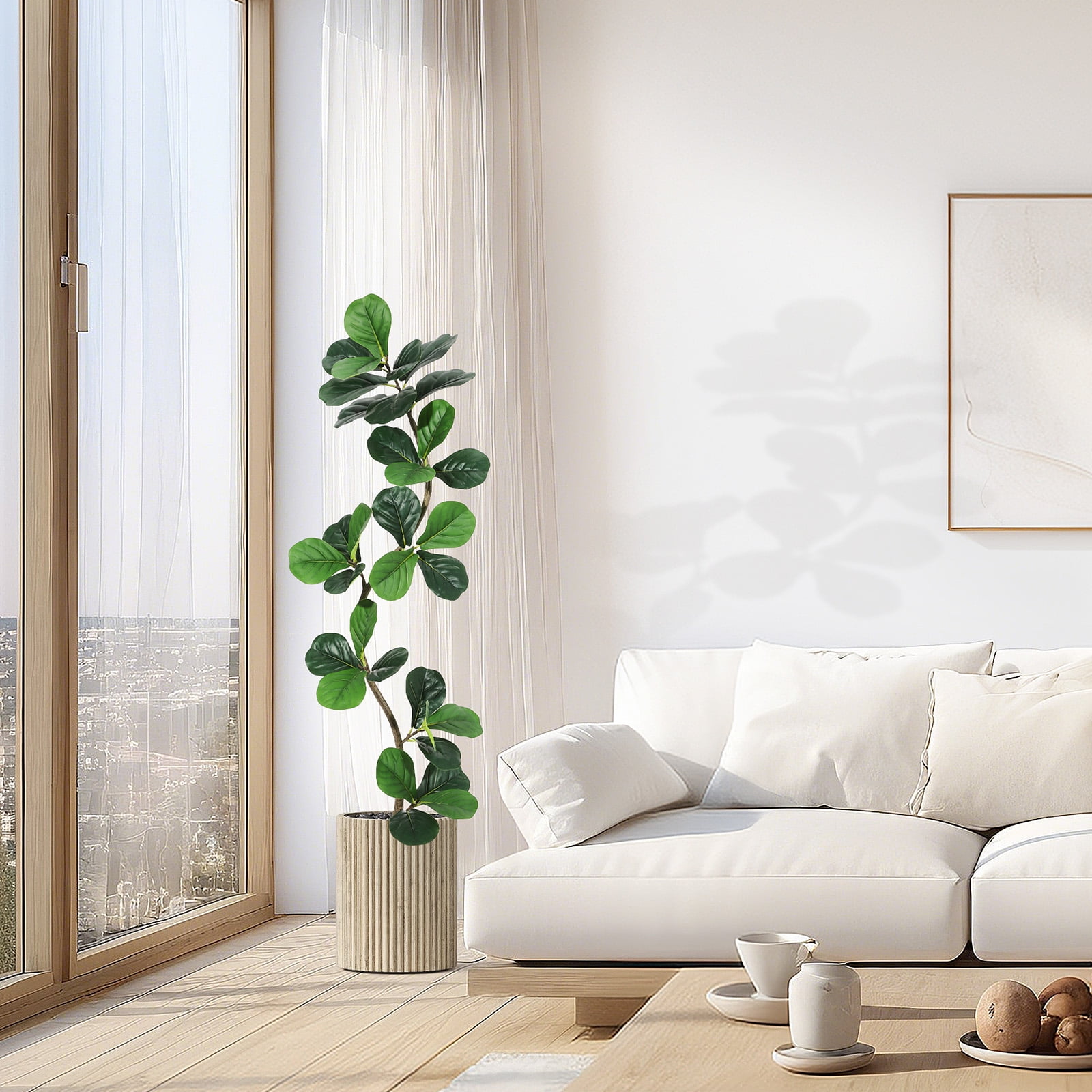 Realistic 5FT Fiddle Leaf Fig Artificial Tree with Planter – Tall Faux Rubber Plant with Moss for Indoor Home, Office, Living Room – Decorative Fake Floor Plant – Size: 5FT