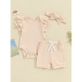 thumbnail image 2 of Bslissey Baby Girls 3Pcs Summer Outfits Short Sleeve Ruffled Romper + Elastic Waist Shorts + Bow Headband 0-18M Newborn Infant Solid Color Shorts Sets, 2 of 9