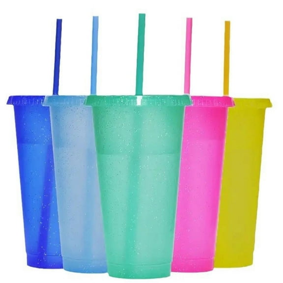 5 Pcs Reusable Plastic Tumblers with Lids & Straws, 24oz Cold Cups Glitter Tumblers for Cold Drinks Iced Coffee, Party Tumbler Cup Set Travel Cups for Kids Adults Party Smoothie Cup