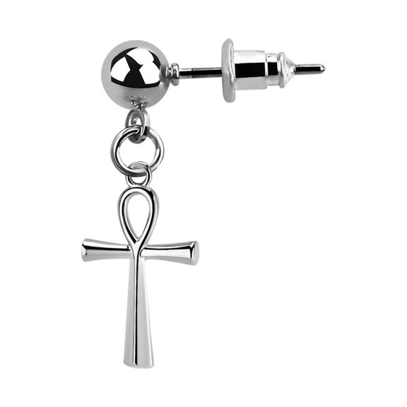 iJewelry2 Silver Tone Stainless Steel Dangling Egyptian Ankh Cross Helix Bead Ball Stud Earring