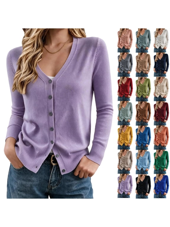 Cropped Cardigan Sweaters for Women Fall Lightweight Casual Layering Cardigan Fashion Button Down Knit Top Purple M