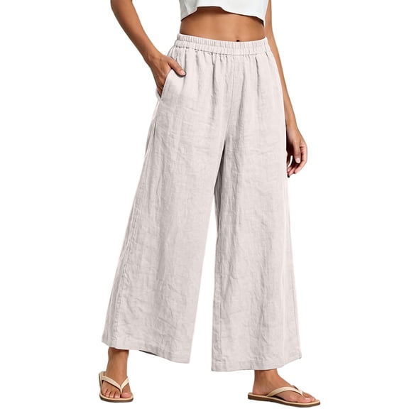 HongQid Women Linen Blend Cropped Wide Leg Pants Flowy Baggy Elastic Drawstring Waist Casual Trousers Side Pocket Breathable Bottoms Summer Travel Shopping Outfits