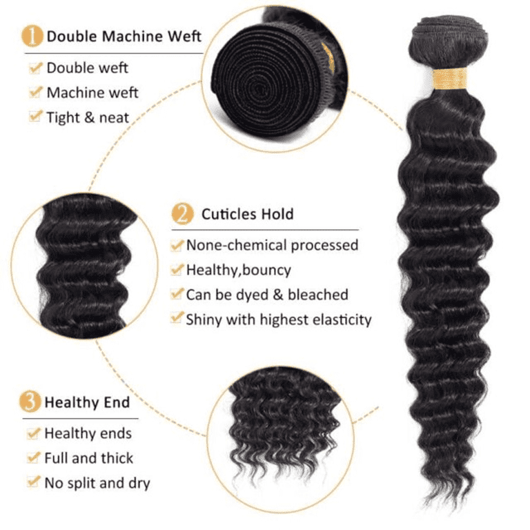 Ustar Brazilian Virgin Remy 100% Human Hair Weave Deep Wave Natural Black  Color 1B - 10,10,12 inch (3 Bundles)