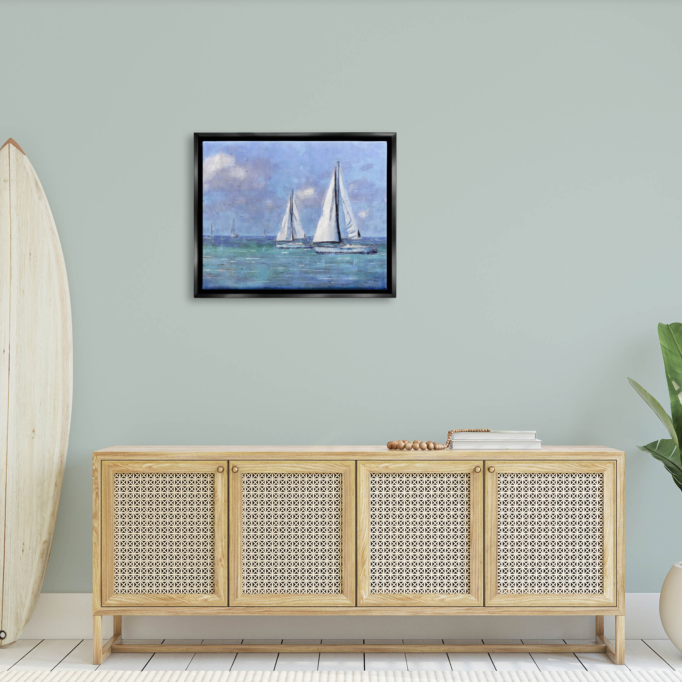 Stupell Industries Sailboats Drifting Vivid Blue Sky Painting Jet Black Floating Framed Canvas Print Wall Art, Design by Nina Blue