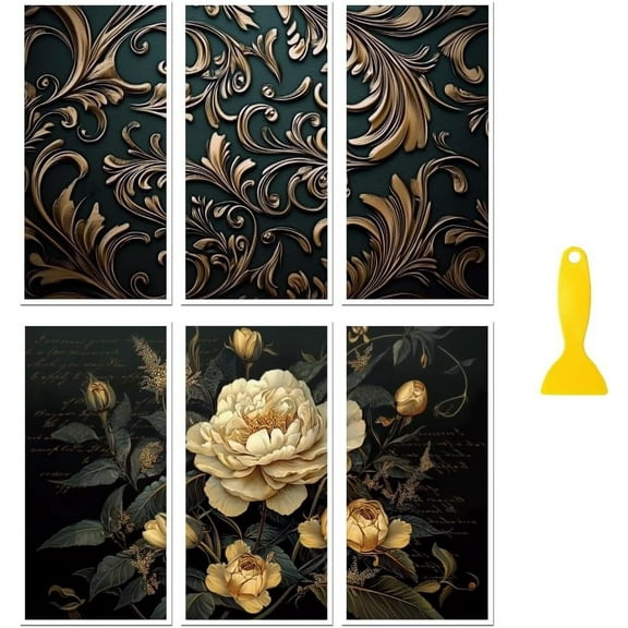 Rub on Transfer Decal Sticker for DIY Furniture Craft Decor 6"x12" Retro Flowers and Texture 6Pcs Waterproof UV DTF Transfer for DIY Drawer Dresser Glass Porcelain Wood Plastic Window