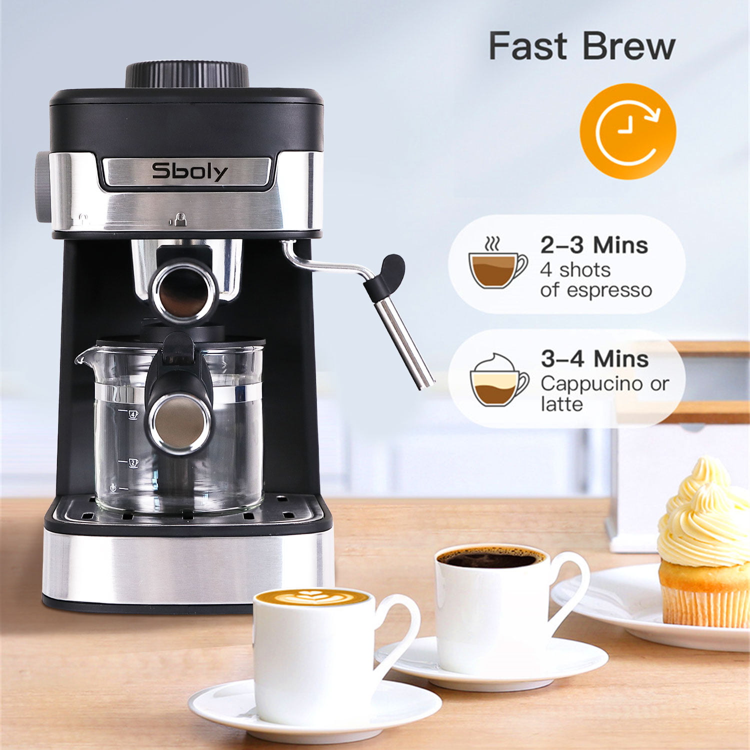 Sboly Automatic Coffee Maker & Grinder Single Cup Grind and 5 Mins Fast Black