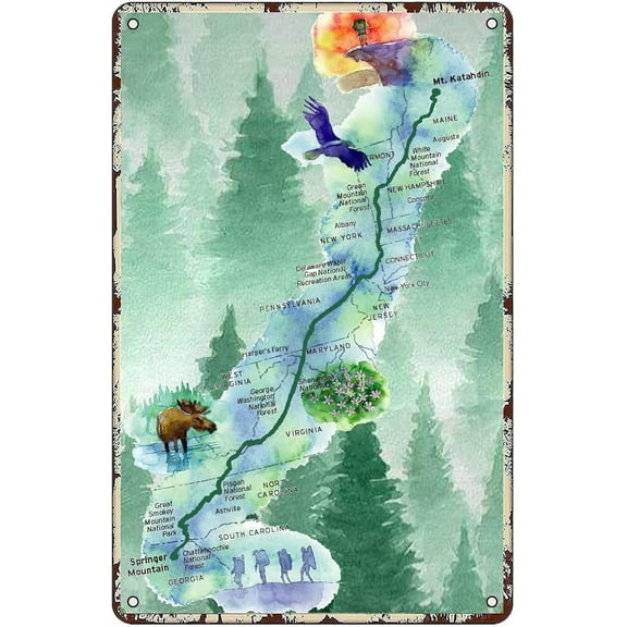 The Appalachian Trail Hiking Trail Map Retro Metal Signs Adventures Wall Art Vintage Wall Decor Metal Plaque for Home Cafe Bar Decoration 8x12 Inches