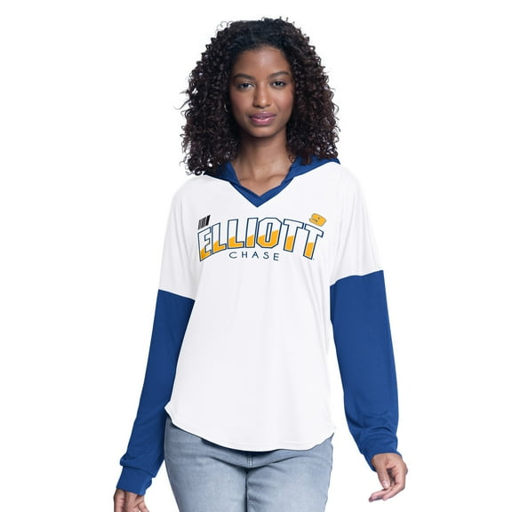 Women's G-III 4Her by Carl Banks  White/Royal Chase Elliott Bench Player Oversized Long Sleeve Hoodie V-Neck T-Shirt