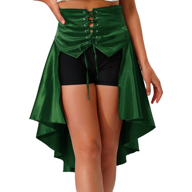 Runhomal Women's Steampunk Gothic Skirt High Low Victorian Ruffle Bustle Skirt Medieval Renaissance Skirts Green XXL
