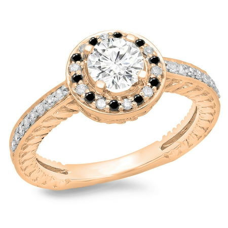 1.00 Carat (ctw) 18K Rose Gold Round Cut Black & White Diamond Ladies Bridal Vintage Halo Style Engagement Ring 1 CT