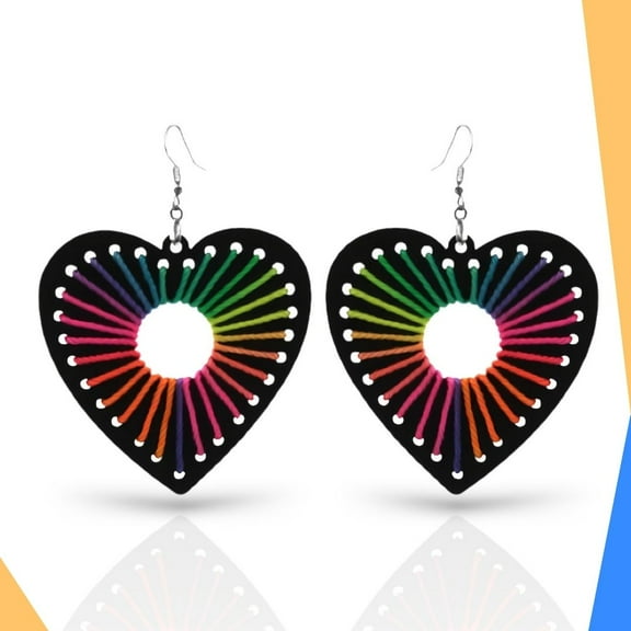 Rainbow Wooden Boho Style Dangle Heart Earrings by BESHEEK