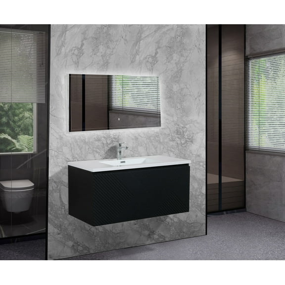 Moore 36 Inch Matte Black Wall Mount Vanity With A Integrated White Sink
