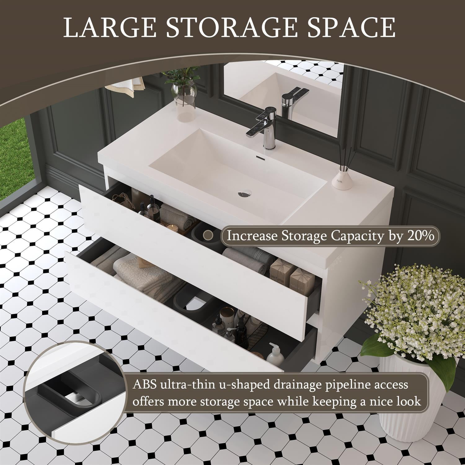 Demi Bonn 42" Floating Bathroom Vanity with Sink, Resin Top Basin and 2 Soft Close Drawers, Faucets and Drains Not Included, White