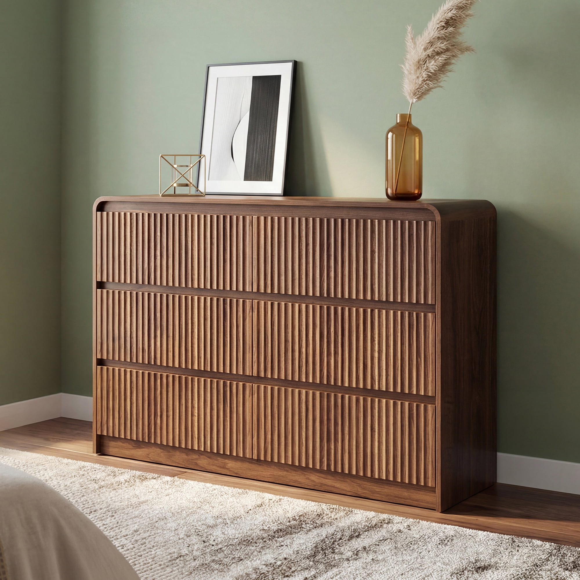 YDN Modern Fluted 6 Drawers Dressers for Bedroom - 47" Wooden Wide Storage Organizer Dresser, Curved Chest of Drawers with 6 Drawers & Anti-Tip for Closet Hallway, Entryway, Living Room,Walnut