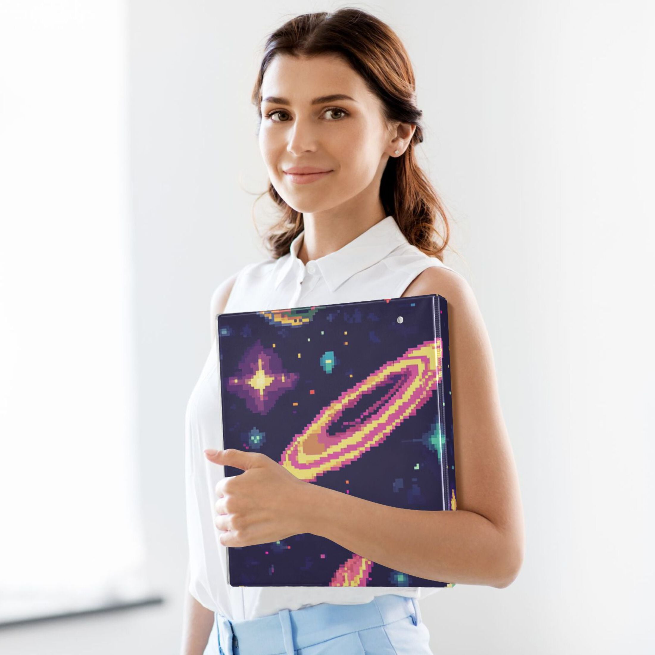 Cosmic Pixel_style 3 Ring Binders 1.5 inch Hardcover File Folders with Interior Pockets A4 Size Organizer for School Office Hospital