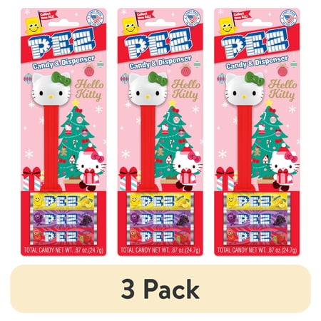 (3 pack) PEZ Christmas Hello Kitty Green Bow Blister,1 Candy Dispenser Plus 3 Rolls Assorted Candy, 1 Count, 0.87 oz