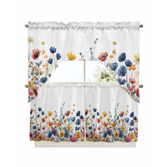 Colorful Spring Floral Kitchen Curtains Swag Valance and Tier Curtains Set 24 Inch Length, Elegant Summer Botanical Watercolor Rod Pocket Drape Panels Pair Swag Curtains for Bathroom/Cafe/Window