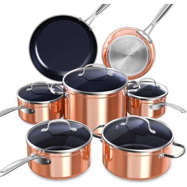 Nuwave Healthy Duralon Blue - Juego de utensilios de cocina antiadherentes de cerámica, con infusión de diamante, resistente a los arañazos, sin PFAS, apto para lavavajillas y horno, listo para inducc