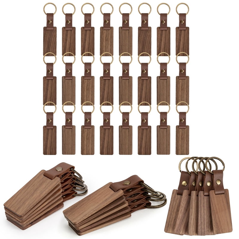 80 Pieces Wood Keychain Blanks with Leather Straps, Blank Leather Keychains for Engraving, for DIY Various Key Tags
