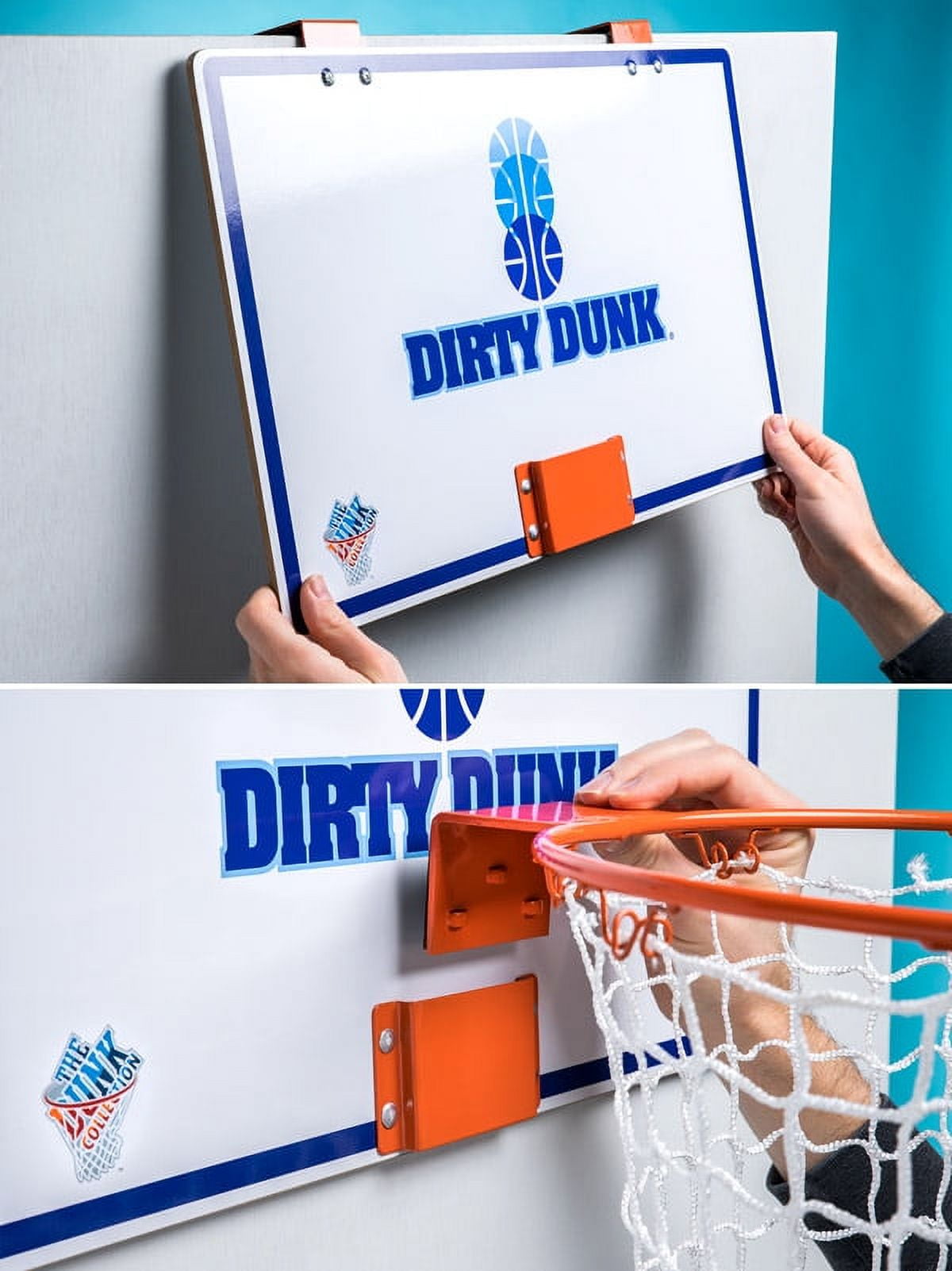 The Dirty Dunk Over-the-door basketball hoop laundry hamper.