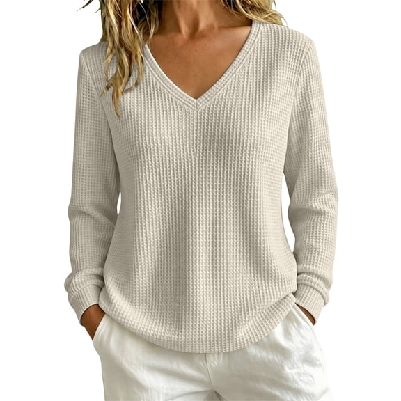 Women's Waffle Knit Long Sleeve Sweater V-Neck Loose Fit Baggy Pullover Tops Plus Size Tunic Tops for Women Lightweight Fall Sweaters for Women Fall Winter Fashion Clothes Beige L