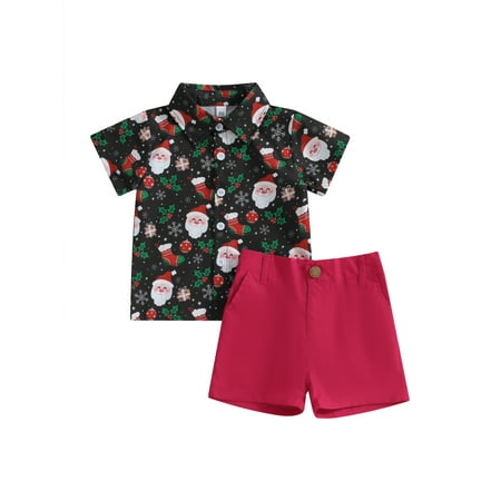 

Toddler Baby Boy Christmas Outfits Santa Short Sleeve Button Down Shirt Top Shorts Set 2Pcs Gentleman Clothes
