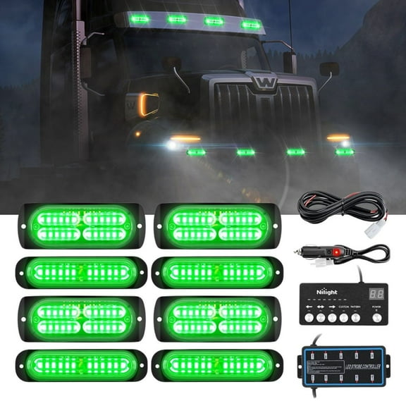 Nilight 8PCS Led Strobe Lights with Controller 12V 24V Sync Feature Green Emergency Hazard Warning Light 12 24 LEDs Surface Mount for Vehicle Car Truck RV ATV