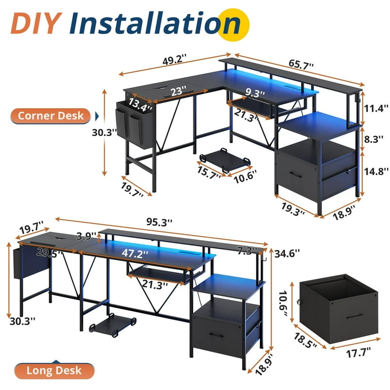 SEDETA L Shaped Gaming Desk, Reversible 94.5 Computer Desk, Gaming Desk  with Led Lights, Keyboard Tray and Storage Bag for Home Office, Black 