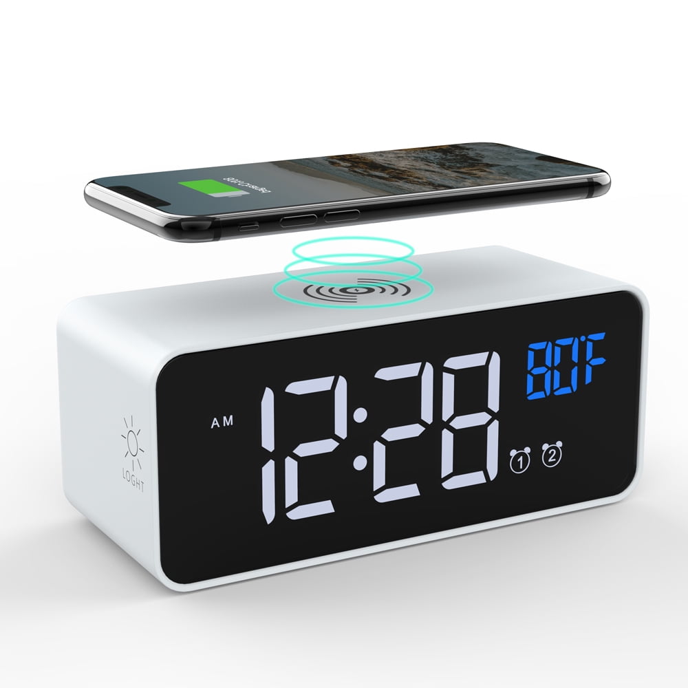 Dual Alarm Clock, Wireless Cell Phone Charger, Digital Clock Large Numbers with Date Time