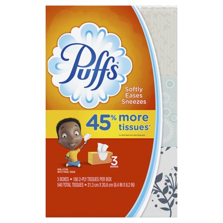 Puffs, Everyday Non-Lotion Facial Tissue, 3 Family Boxes, 180 Facial Tissues per box