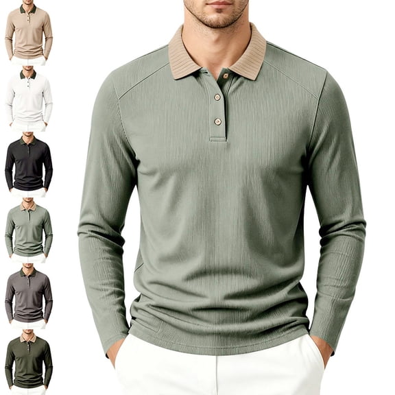 Zivyakyron Business Polo Shirts for Men Fall Raglan Button Long Sleeve Colorblock Loose Officewear Collared Shirt White XL